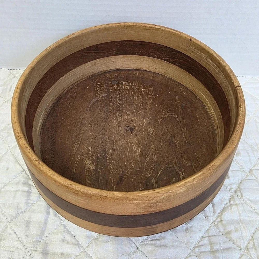 Vintage MCM Handmade Wooden Bowl 2 Tone Horizontal Stripes Maple Walnut Catchall